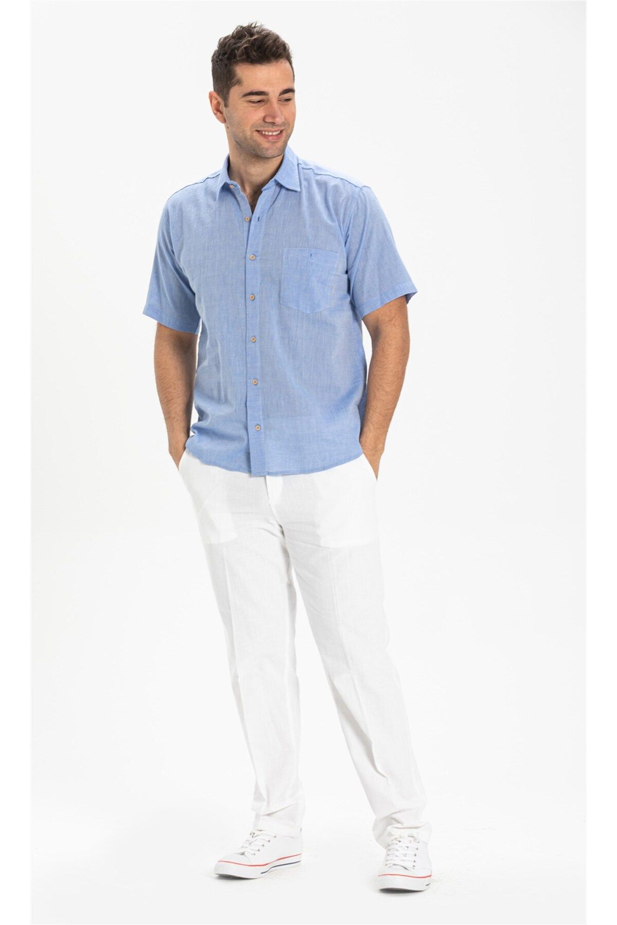 Eliş Şile Bezi پیراهن آستین کوتاه شیله پارچه ای تک جیبی مردانه آبی 3032 سایز بزرگ