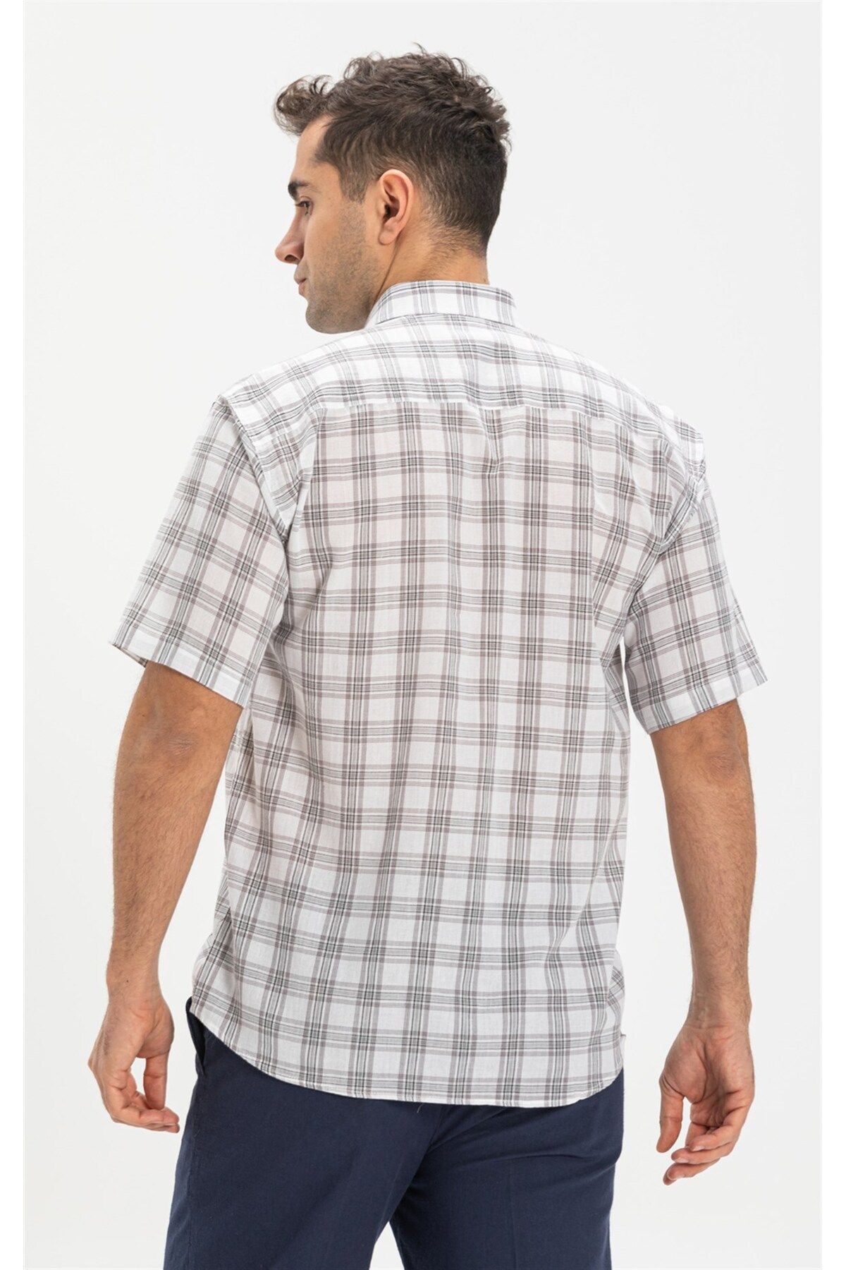 Eliş Şile Bezi پیراهن آستین کوتاه شیله پارچه ای تک جیب مردانه سایز بزرگ طوسی چهارخانه 3061