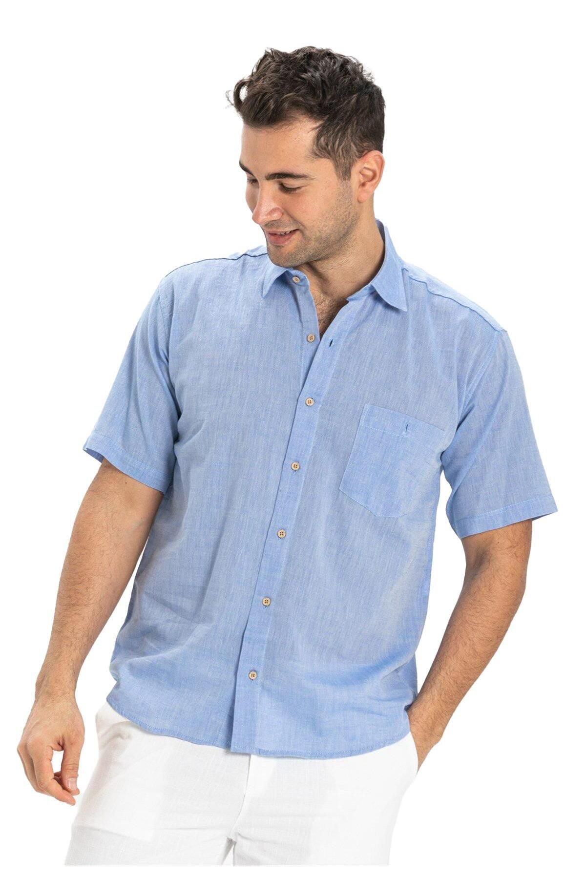Eliş Şile Bezi پیراهن آستین کوتاه شیله پارچه ای تک جیبی مردانه آبی 3032 سایز بزرگ
