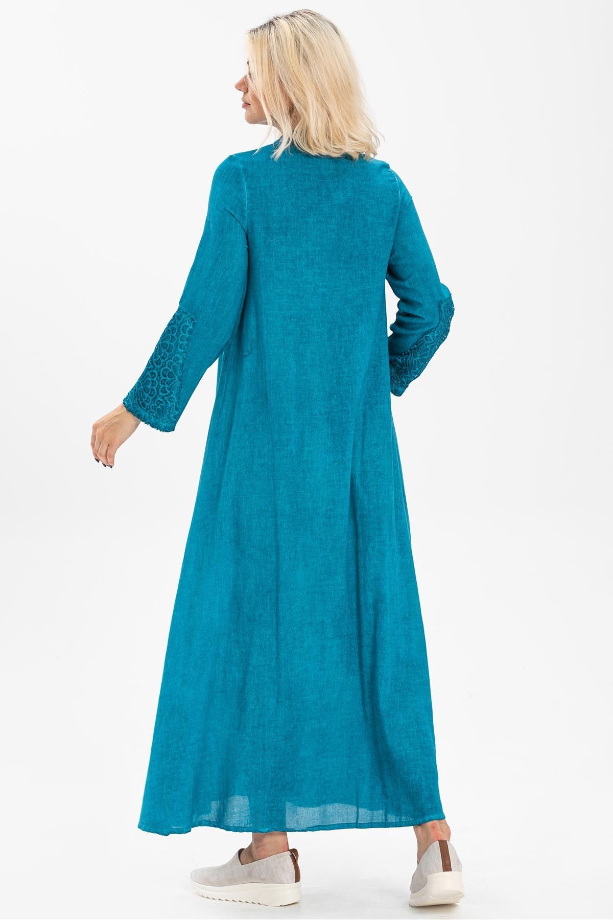 Eliş Şile Bezi لباس آستین بلند شیله پارچه زمردی سایز پلاس دکمه دار فیروزه ای Trkz