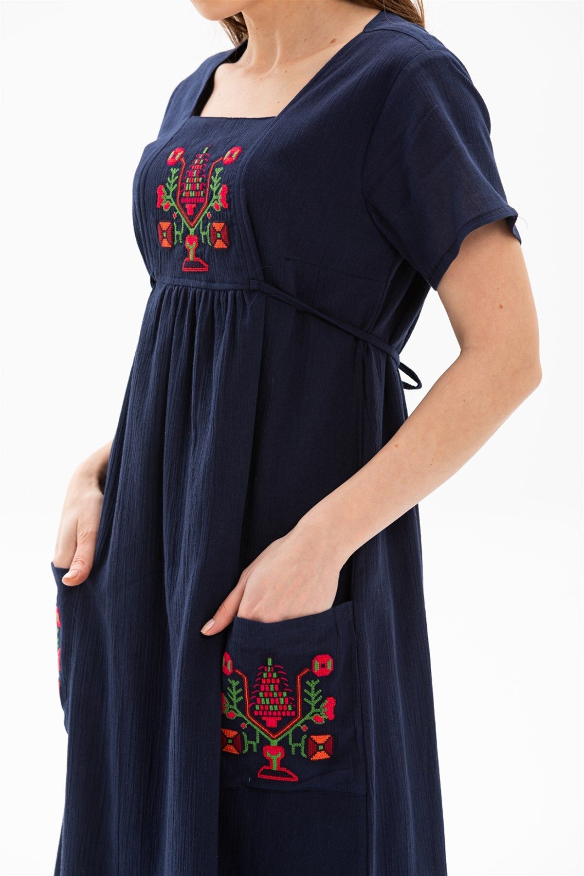 Eliş Şile Bezi لباس آستین کوتاه شیله پارچه سایز پلاس فرشته میدی سرمه ای آبی Lcvt