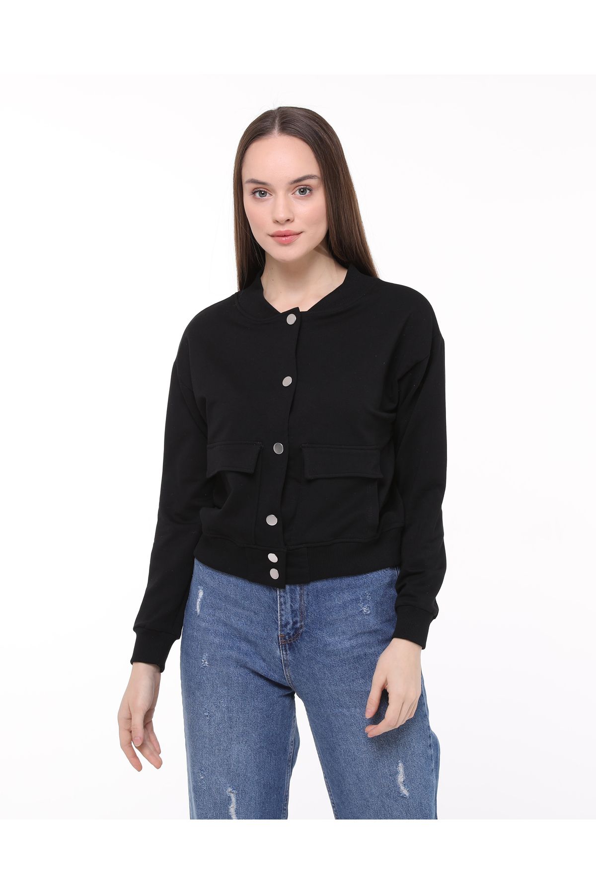 ZeyMer Basic-Two Thread Cotton Knitted Snap-On Bomber Jacket 2