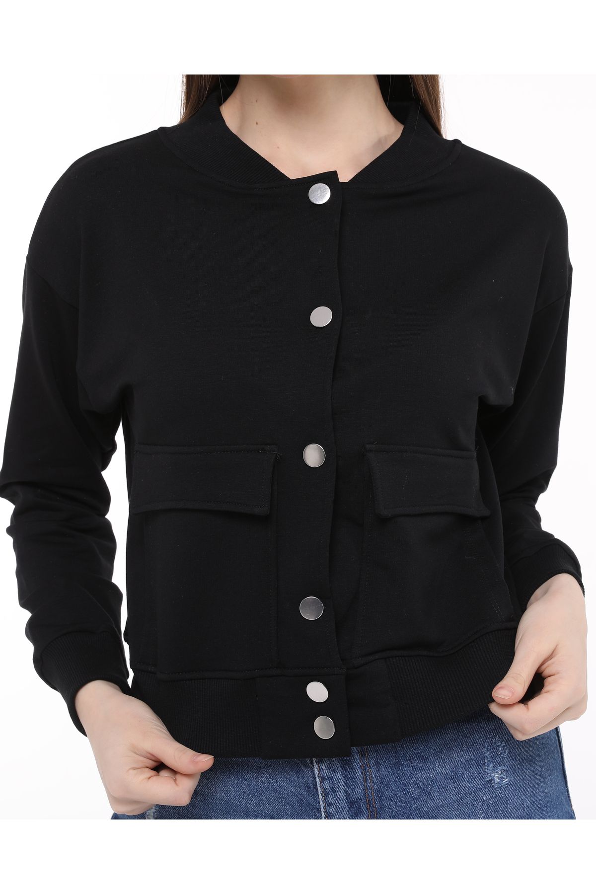 ZeyMer Basic-Two Thread Cotton Knitted Snap-On Bomber Jacket 6
