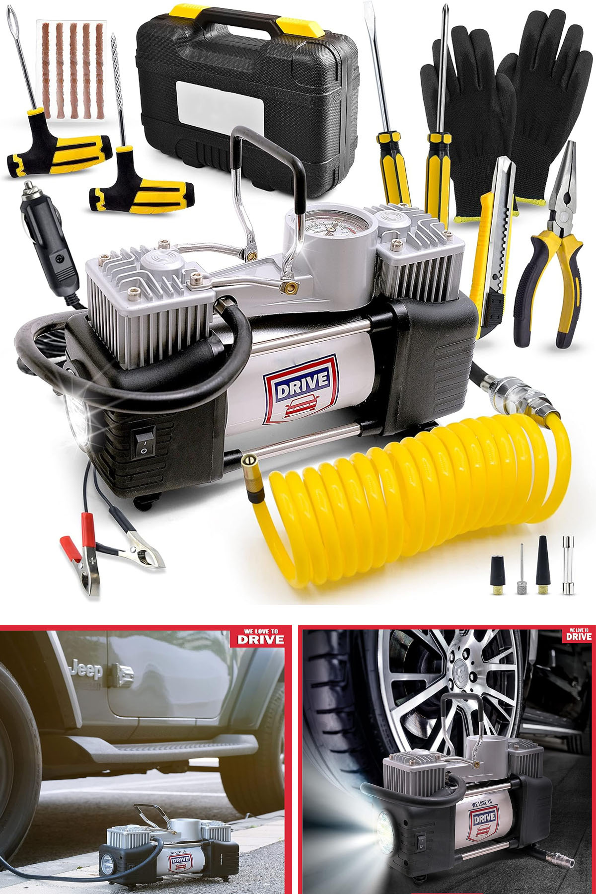 DEKO Turkey Profesyonel Çift Pistonlu Metal Hava Kompresörü 12 V 150 Psi Araba Lastik Bot Şişirme Full Çanta Set