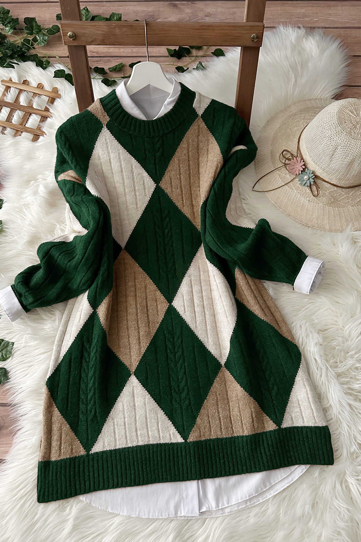 MODAQU Renkli Baklava Yumoş Triko Tunik - Yeşil