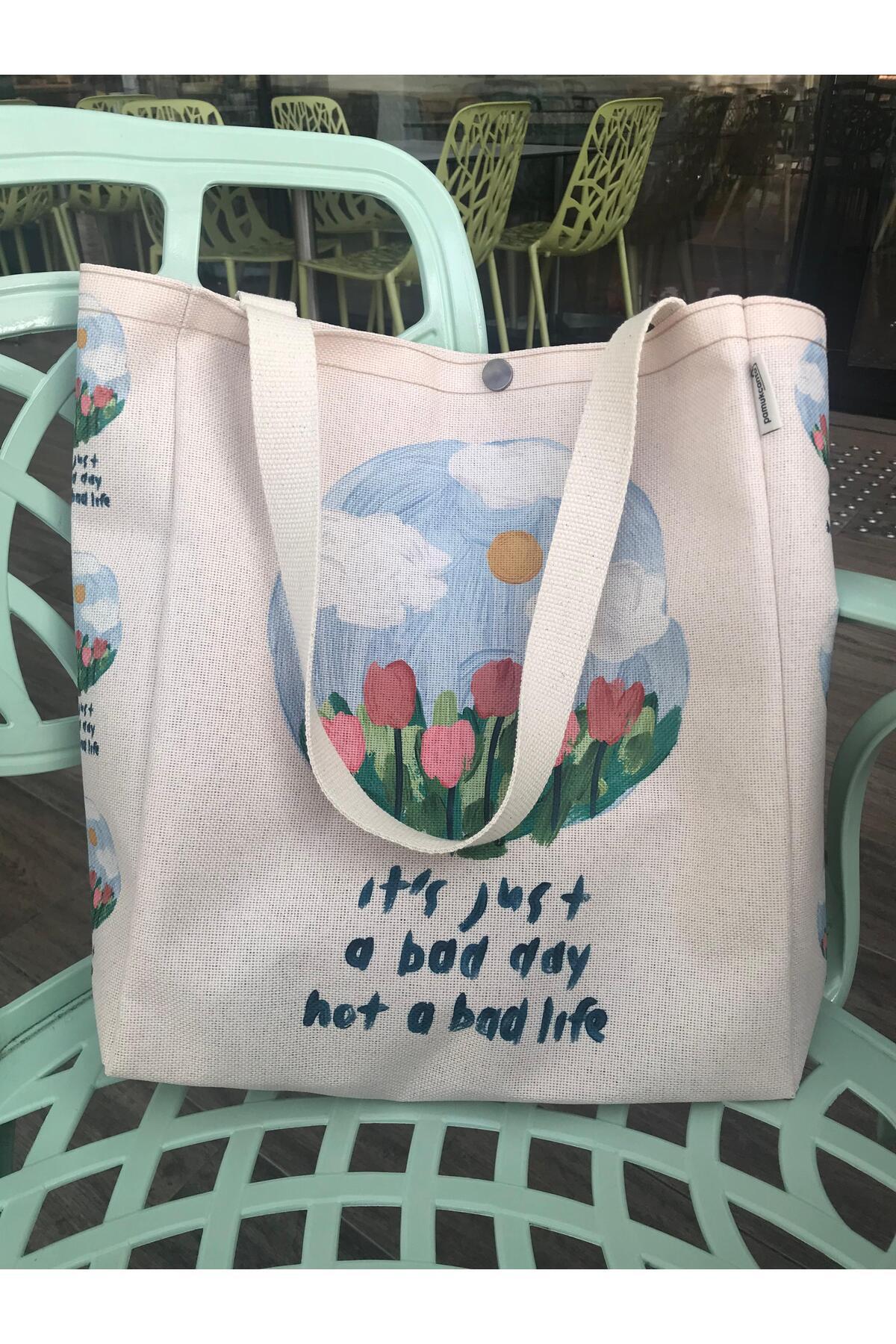 pamukcanta  Yağlı Boya Tasarım Kanvas Bez Çanta Yıkanabilir Çıtçıtlı İçi Cepli - Görsel 5