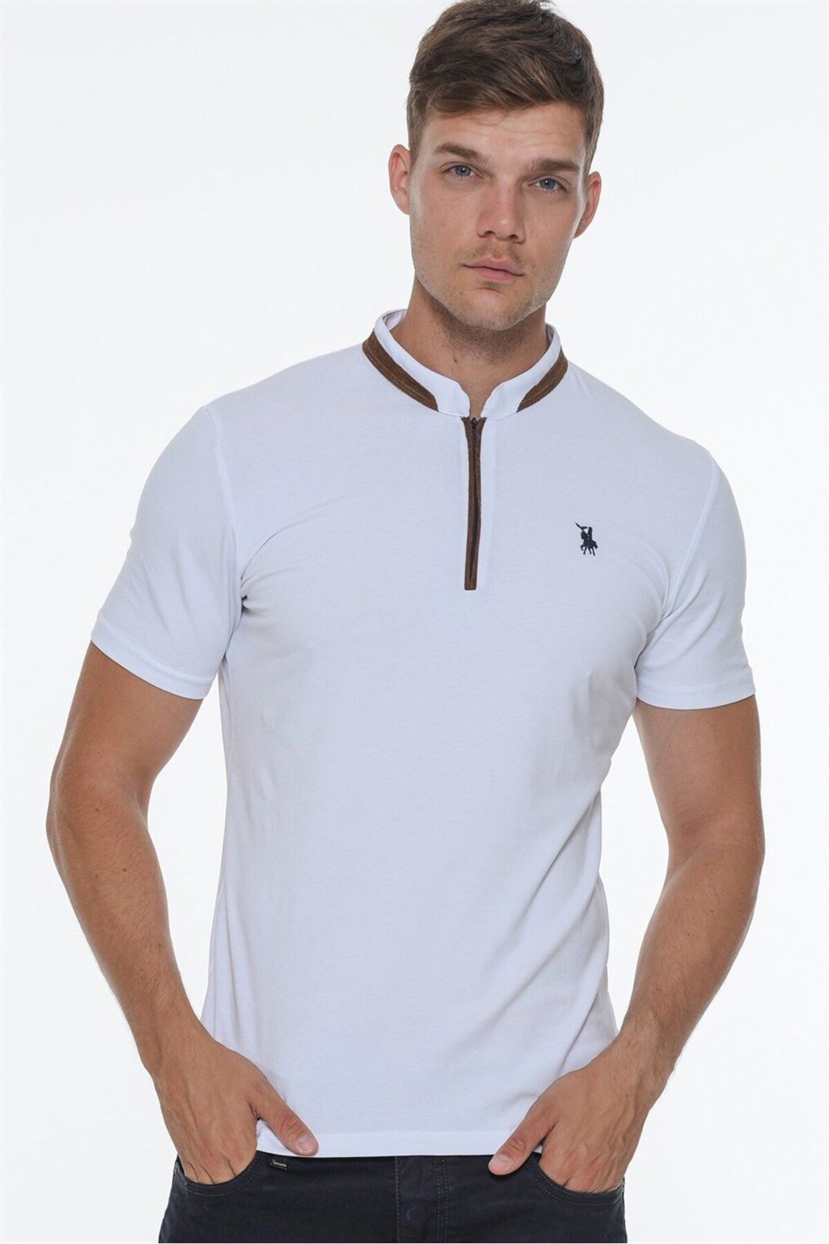 Dewberry ست پنج تی شرت مردانه زیپ دار T8571-سفید-مشکی-سرمه ای-سورمه ای-خاکی