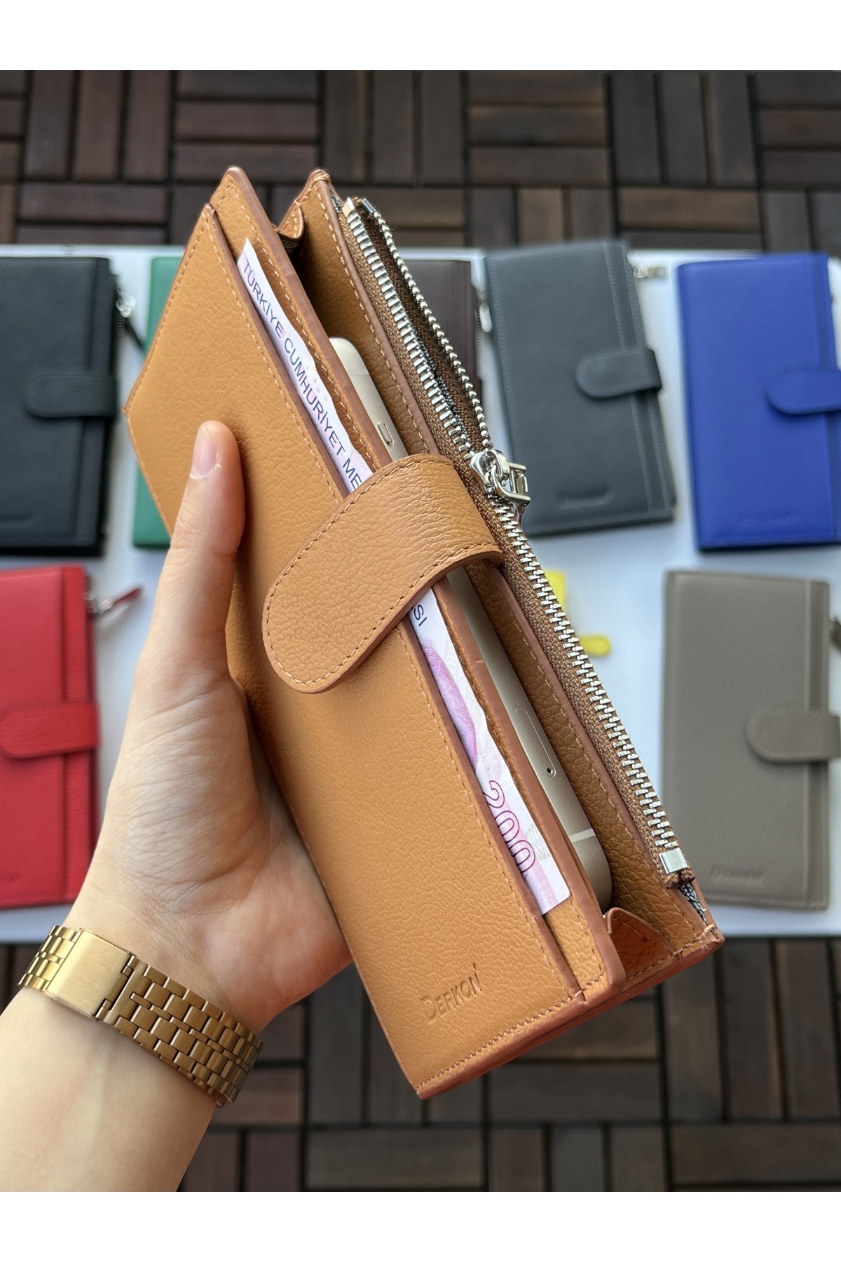 DERKON-Noby Model Genuine Leather Tan Wallet with Phone Compartment 3