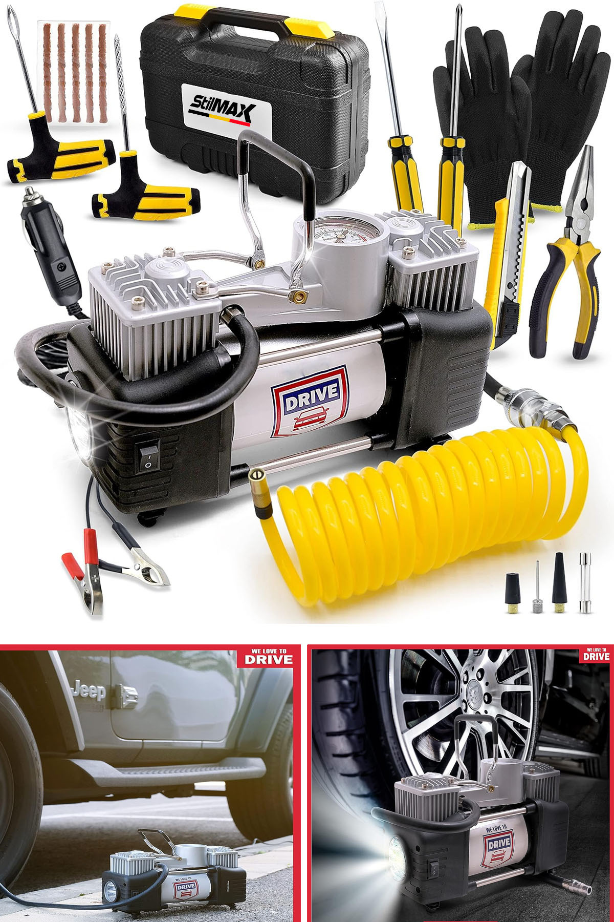 STILMAX Profesyonel Çift Pistonlu Metal Hava Kompresörü 12 V 150 Psi Araba Lastik Bot Şişirme Full Çanta Set