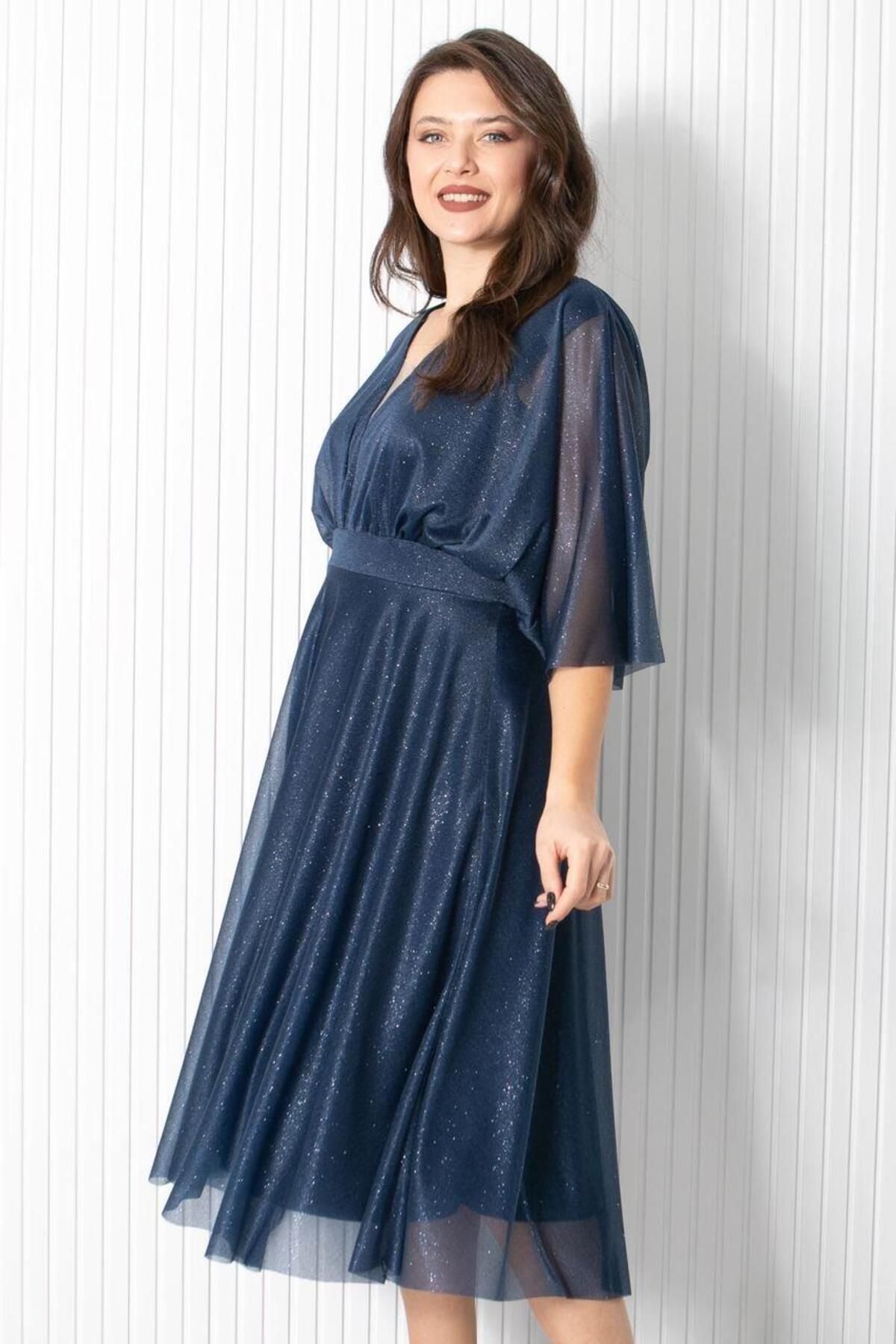 SUBU TASARIM-Rochie de seara din tul cu sclipici bleumarin - Fhm902 4