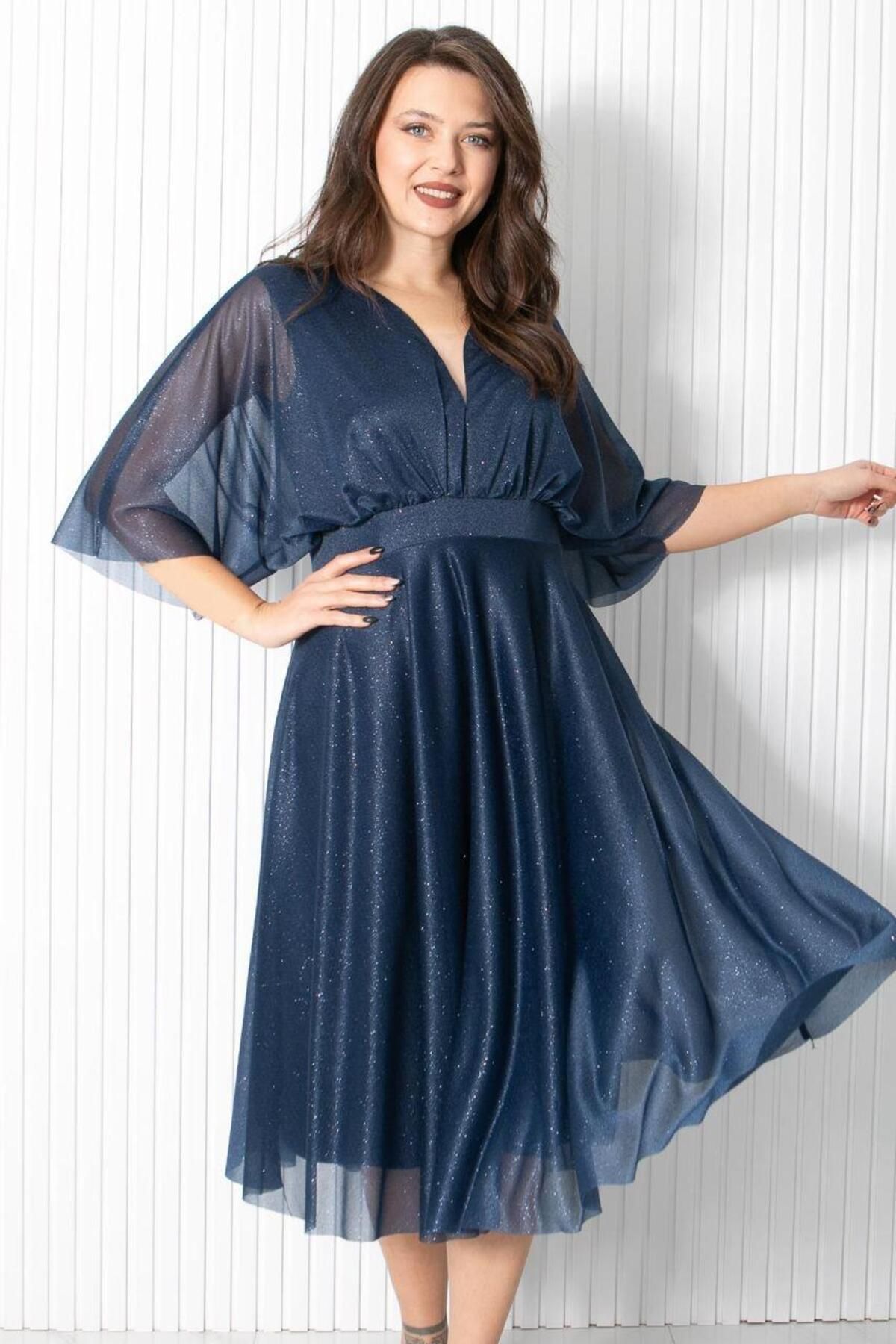 SUBU TASARIM-Rochie de seara din tul cu sclipici bleumarin - Fhm902 2