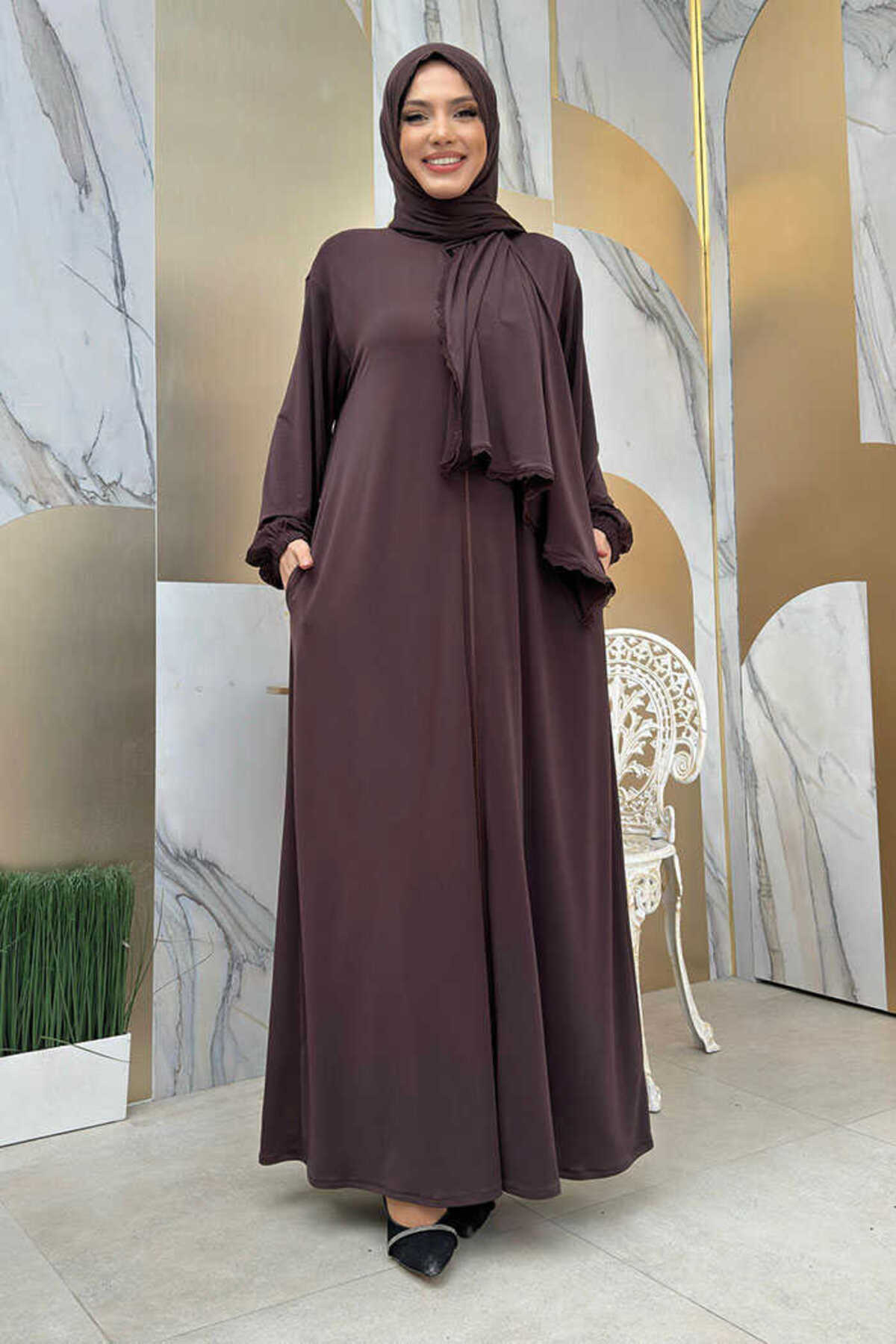 Bym Fashion Dantel Detay Şallı Namaz Feracesi 6010 Kahverengi