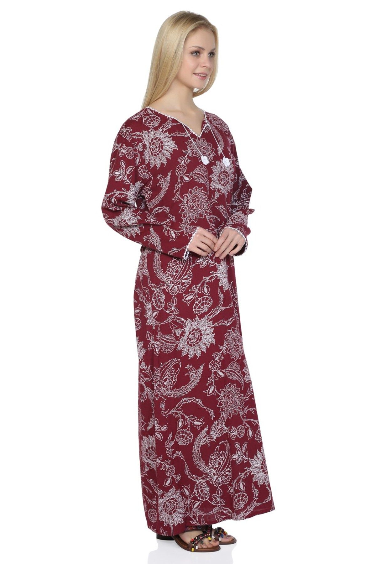 Eliş Şile Bezi آستین بلند سایز پلاس پارچه شیله چاپ لباس مدل Çinar Claret Red Brd