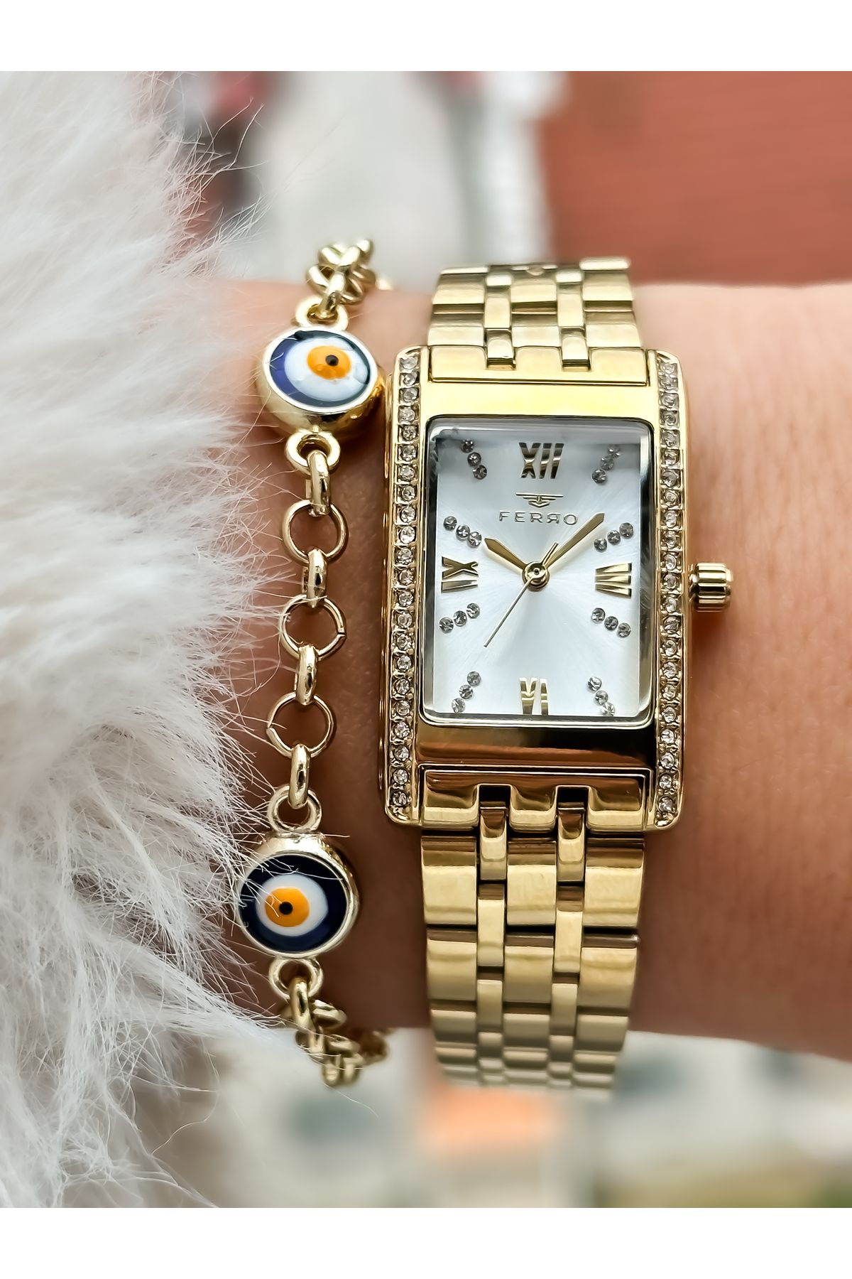 FERRO Brand Rectangular Case Gold Color Steel Strap Women s
