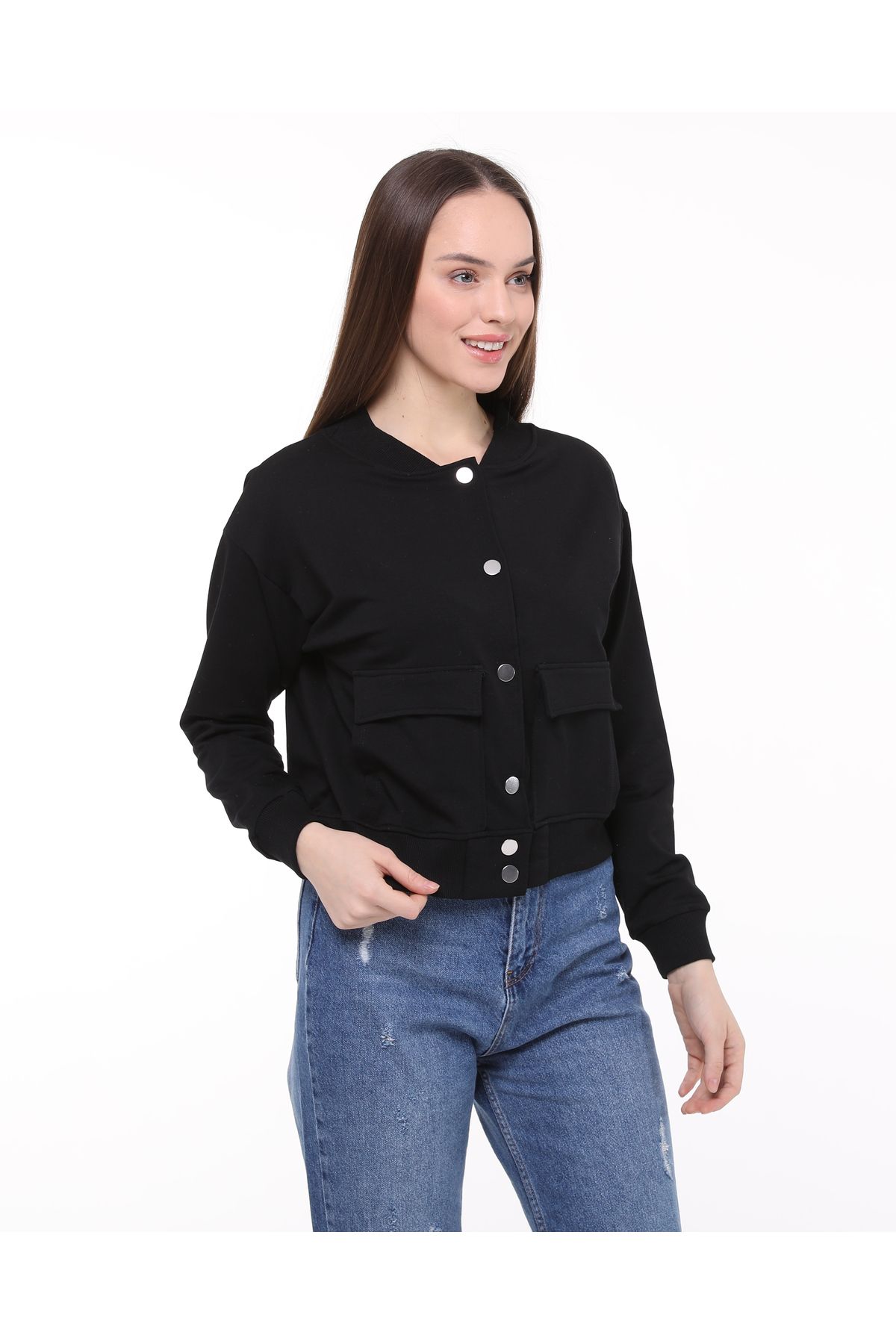 ZeyMer Basic-Two Thread Cotton Knitted Snap-On Bomber Jacket 4