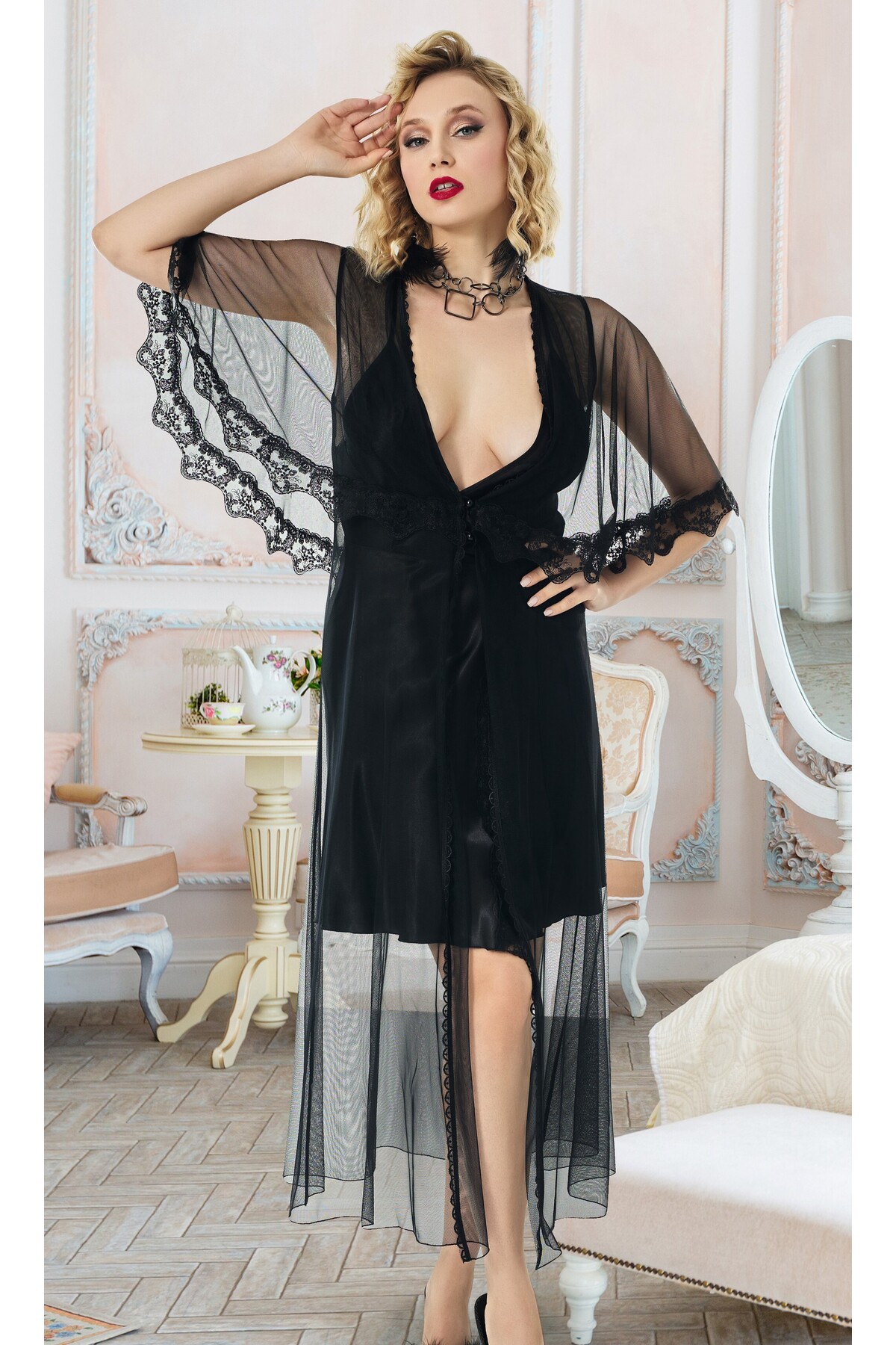 Pastimore Premium Seri Transparan Tüllü Kısa Kadın Şık 2'li Takım Gecelik ve Sabahlık