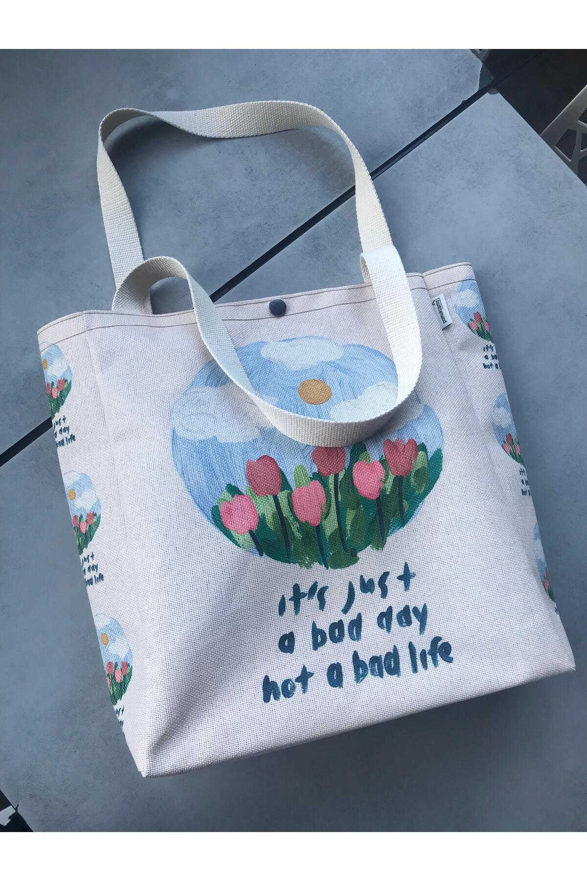 pamukcanta  Yağlı Boya Tasarım Kanvas Bez Çanta Yıkanabilir Çıtçıtlı İçi Cepli - Görsel 4