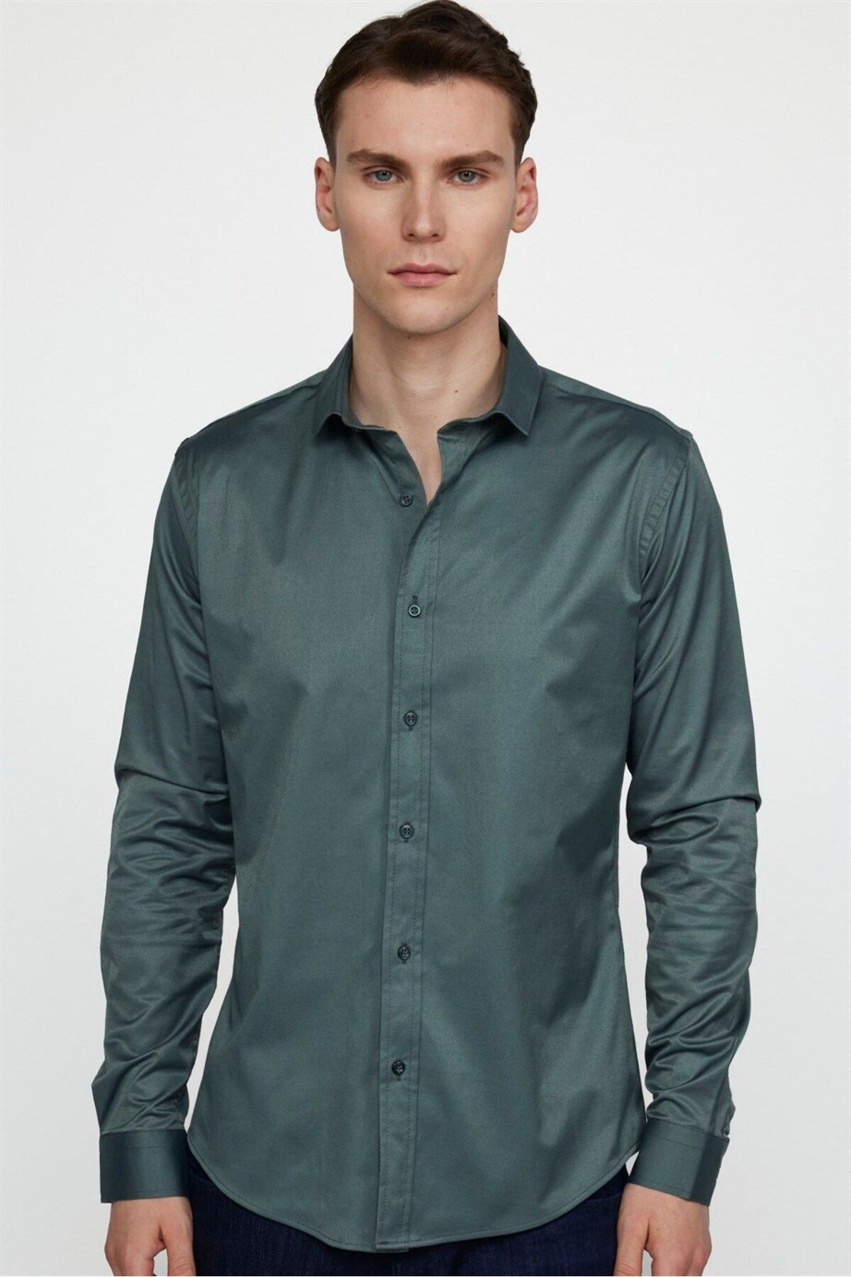 Tudors Slim Fit Lycra Plain Cotton Satin Men s Green Shirt Trendyol