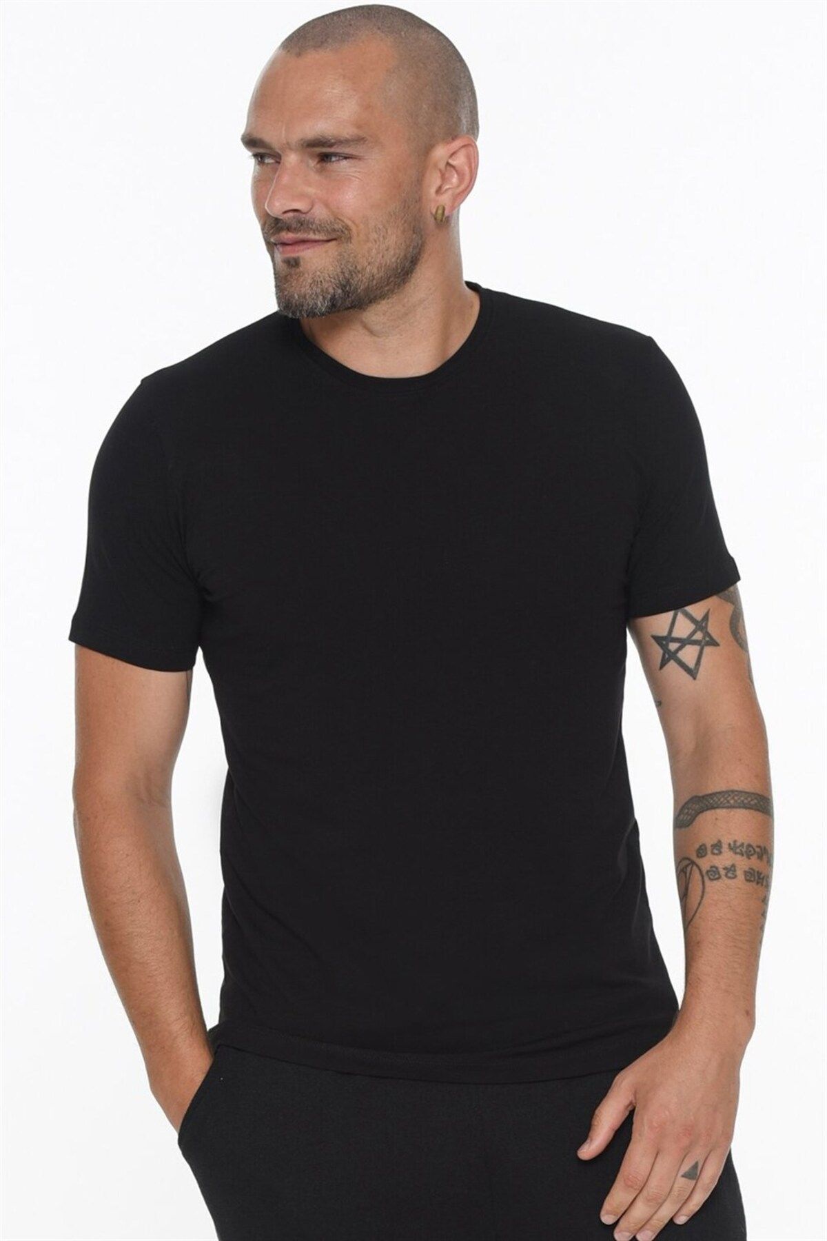 تی شرت سفید مردانه ست دو T8569 خدمه Neck مشکی Dewberry