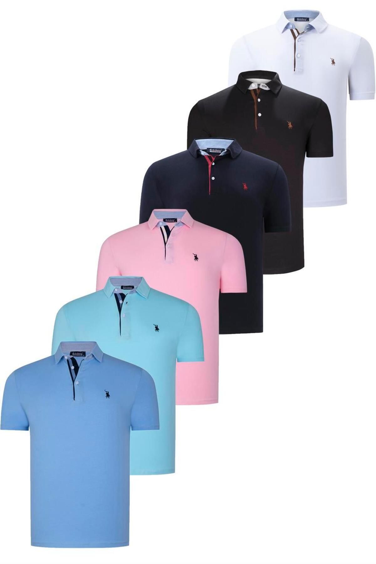 Dewberry ست 6 عددی تی شرت مردانه DEWBERRY T8582-مشکی-سفید-آبی تیره-صورتی-فیروزه ای-آبی روشن