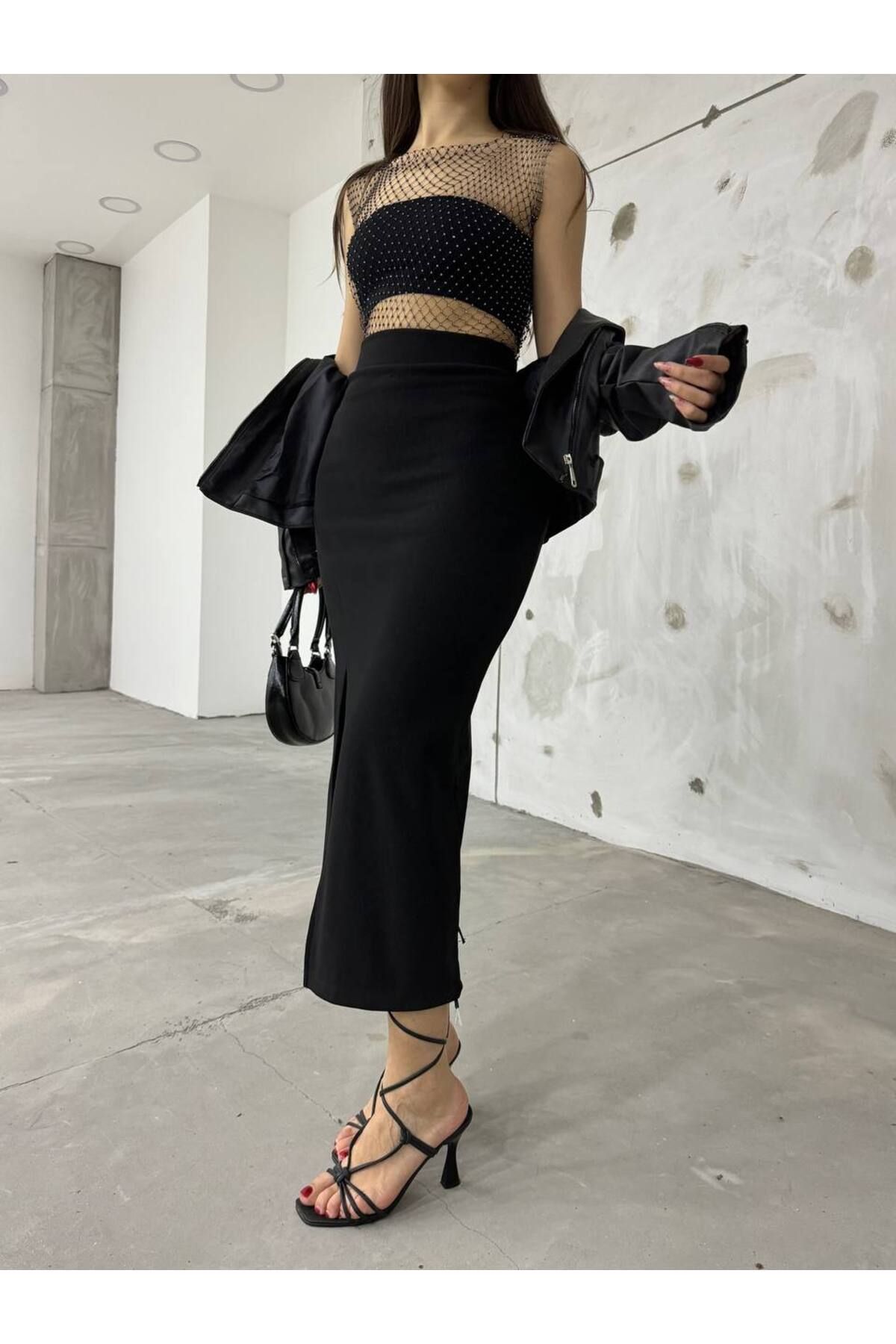 BİKELİFE-Schwarzer Bleistiftrock aus Lycra mit hoher Taille und Schlitz auf der Vorderseite für Damen 2
