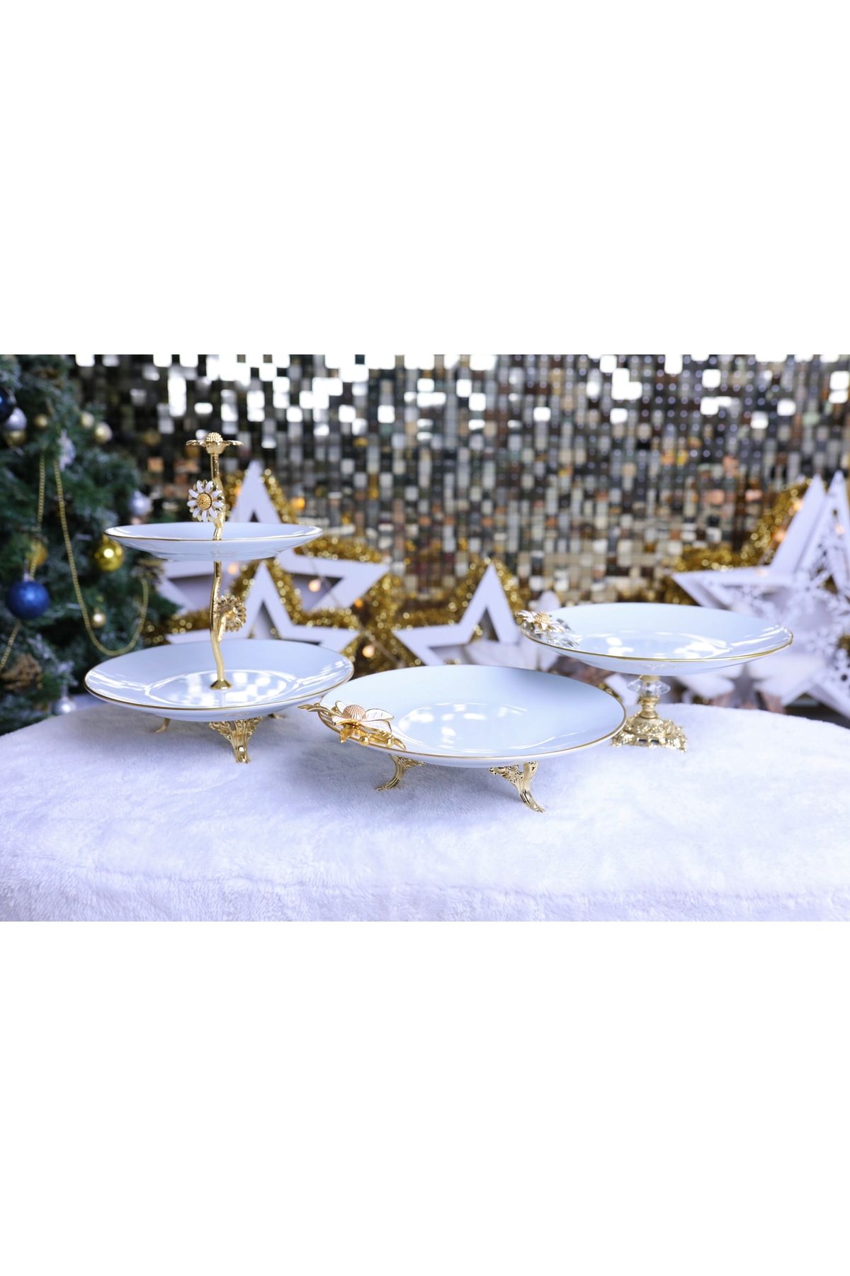 Elta Collection-3 Piece Metal Leg Porcelain Cake Presentation Cookie Holder Sugar Bowl Set 2