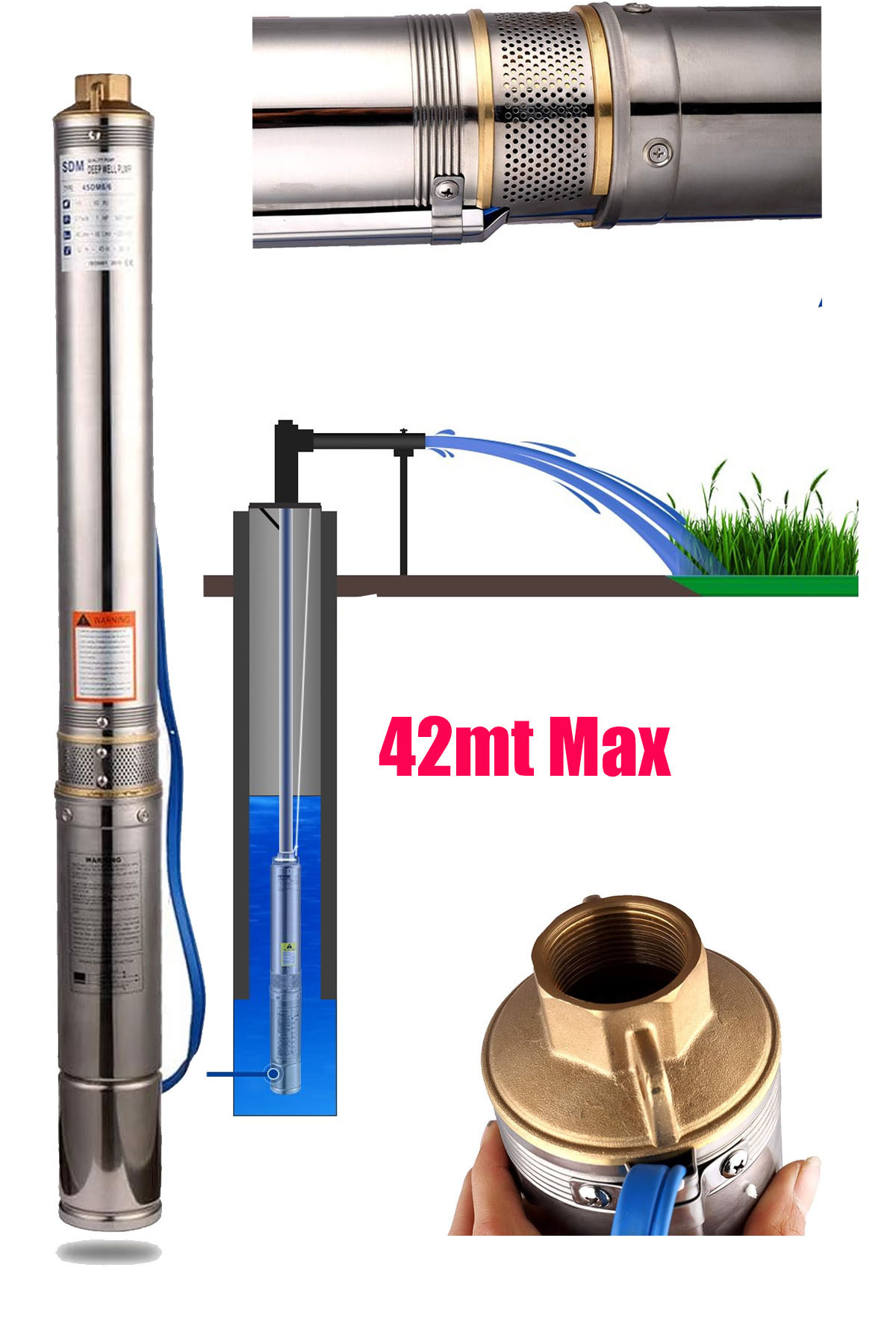STAXX POWER 4SDM4/6 Paslanmaz Çelik Dikey 6 Kademeli Derin Kuyu Dalgıç Pompası 4'' 0.5Hp Monofaze Max 42Mt
