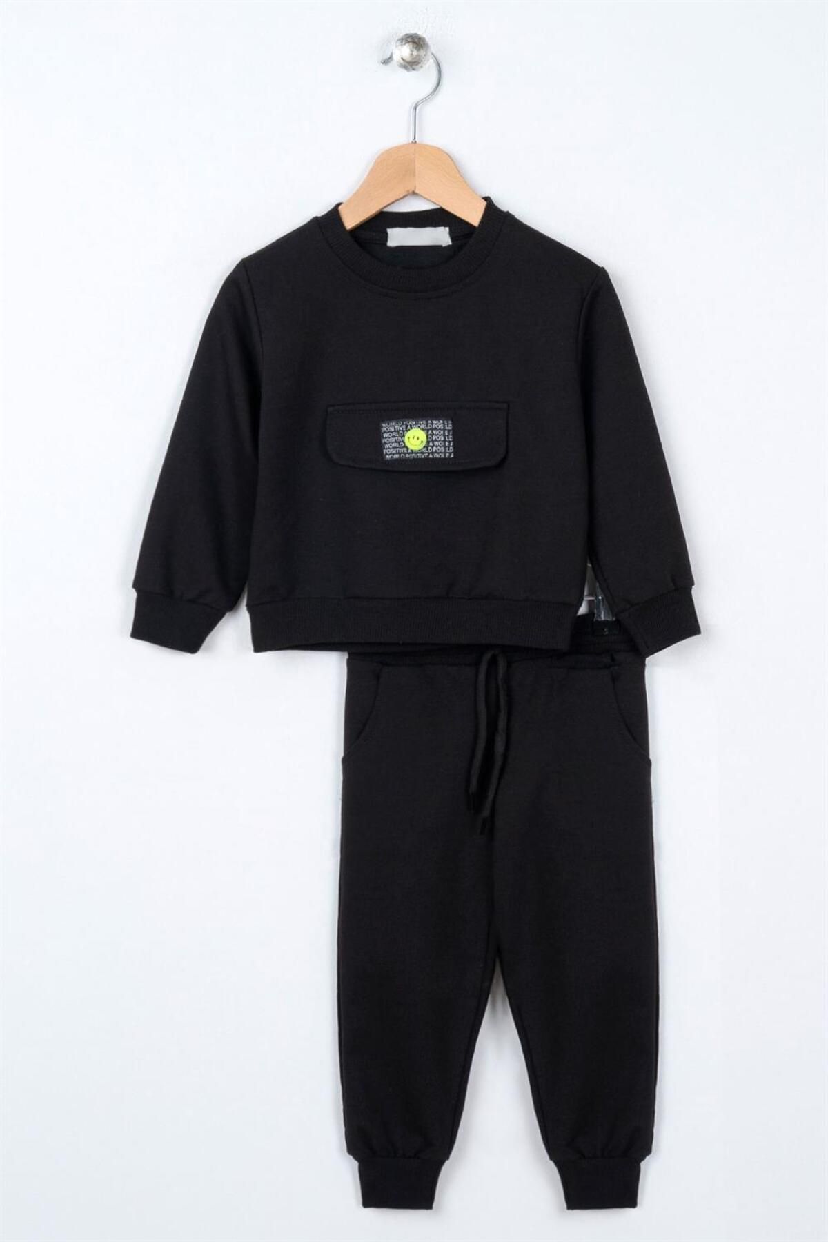 zepkids Girl s Black Colored Tracksuit with Smile Detail on the