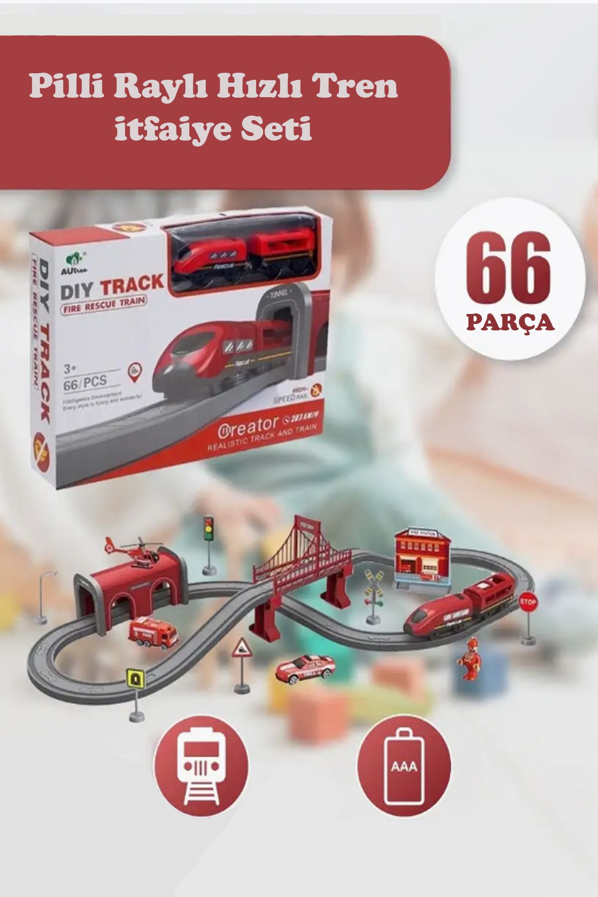 66 Parça 4 Arabalı Raylı Pilli Oyuncak Hızlı Tren Seti Demiryolu İtfaiye İstasyonu