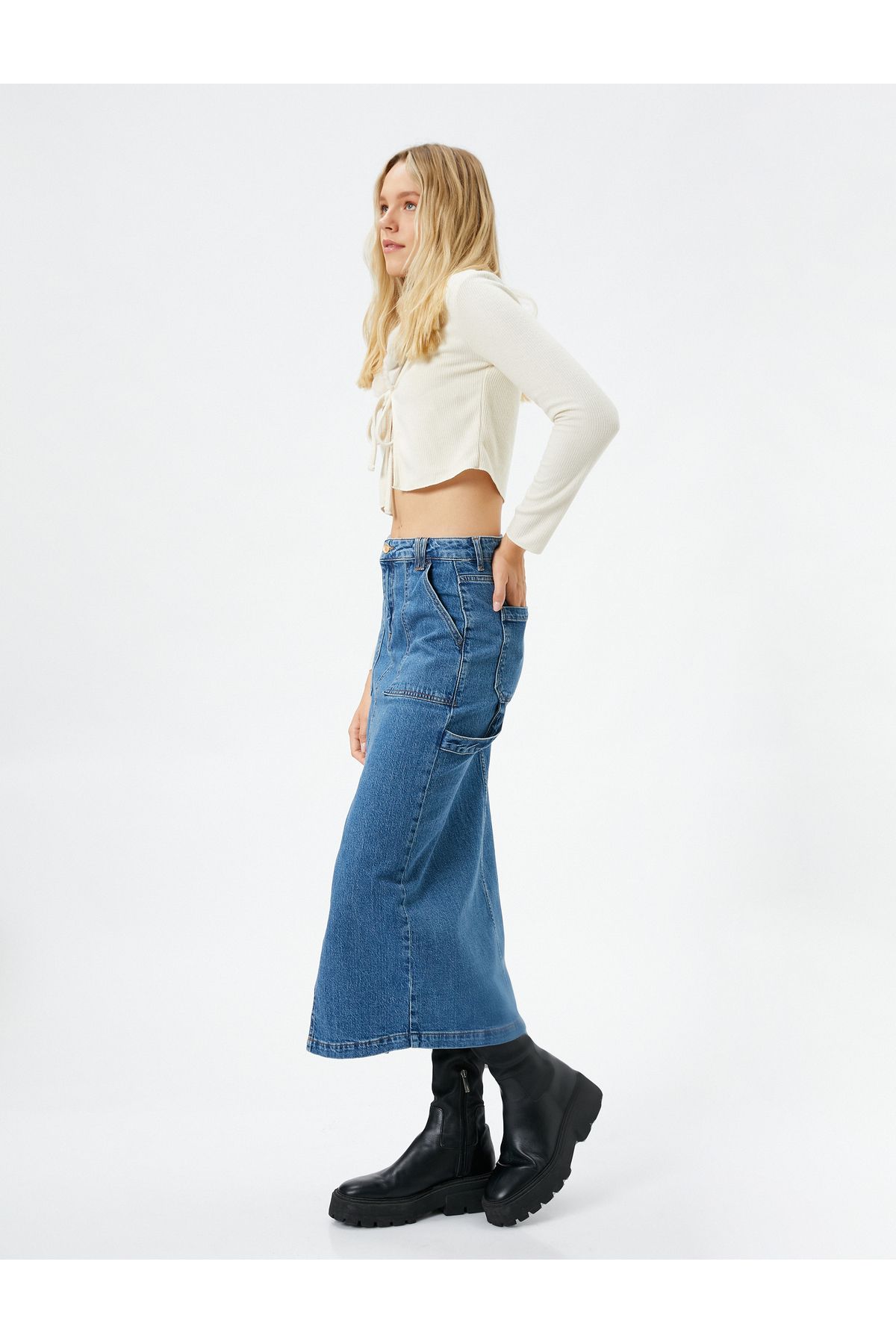 Denim midi sales skirt with zipper