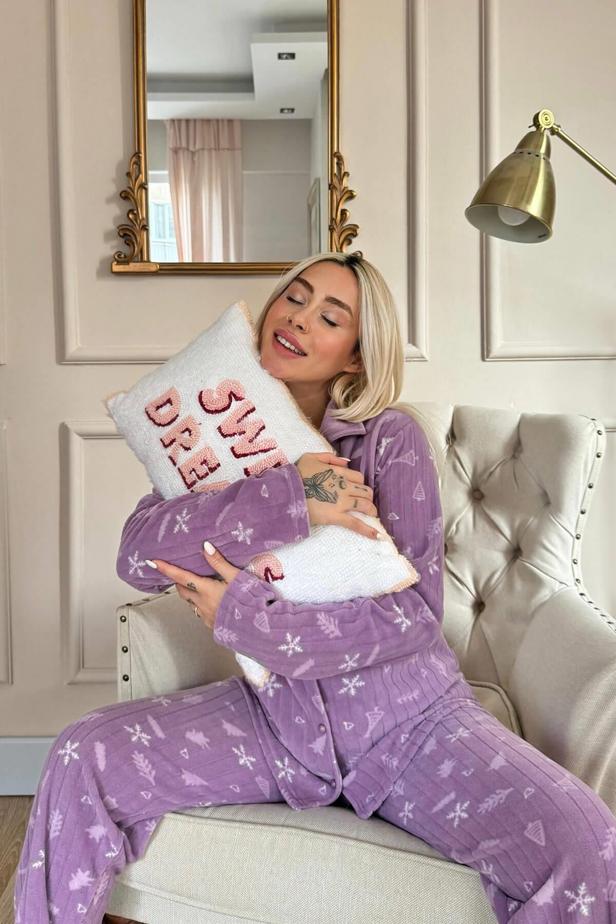 Pijamaevi-Lilac Pine Patterned Front Buttoned Plush Fleece Pajama Set 3