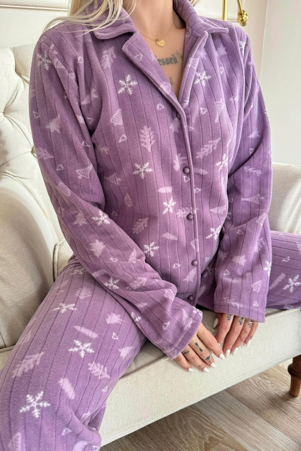 Pijamaevi-Lilac Pine Patterned Front Buttoned Plush Fleece Pajama Set 5