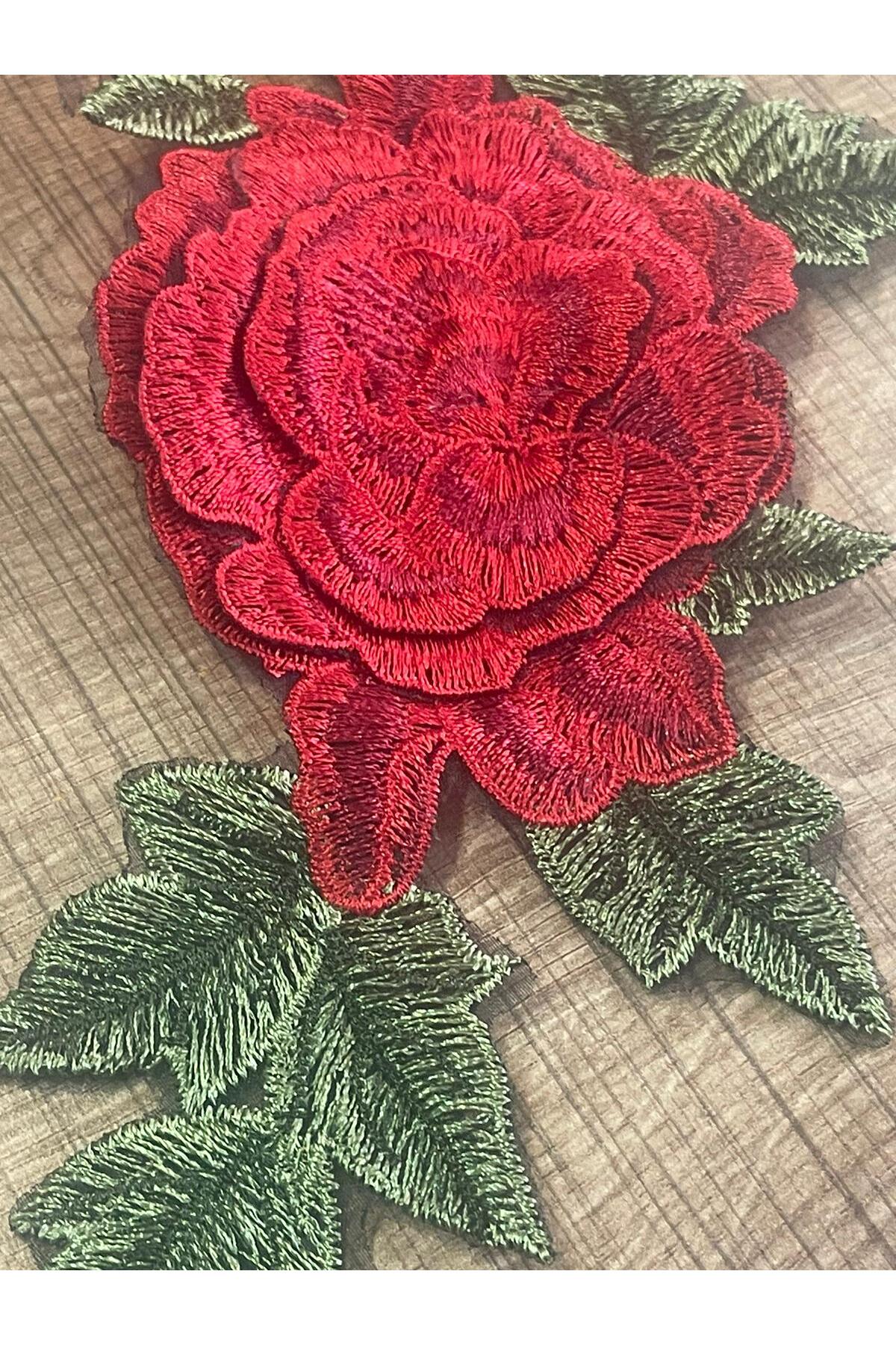 Gönülden Tasarım 24x12 Cm Kabartma Nakış Işleme Gül Ve Yeşil Yapraklı Aplike Arma Yama Dikiş Aksesuarı