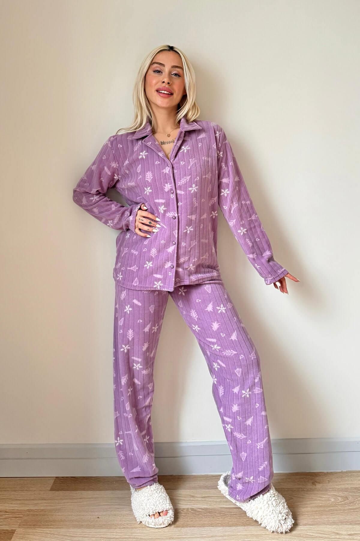 Pijamaevi-Lilac Pine Patterned Front Buttoned Plush Fleece Pajama Set 6