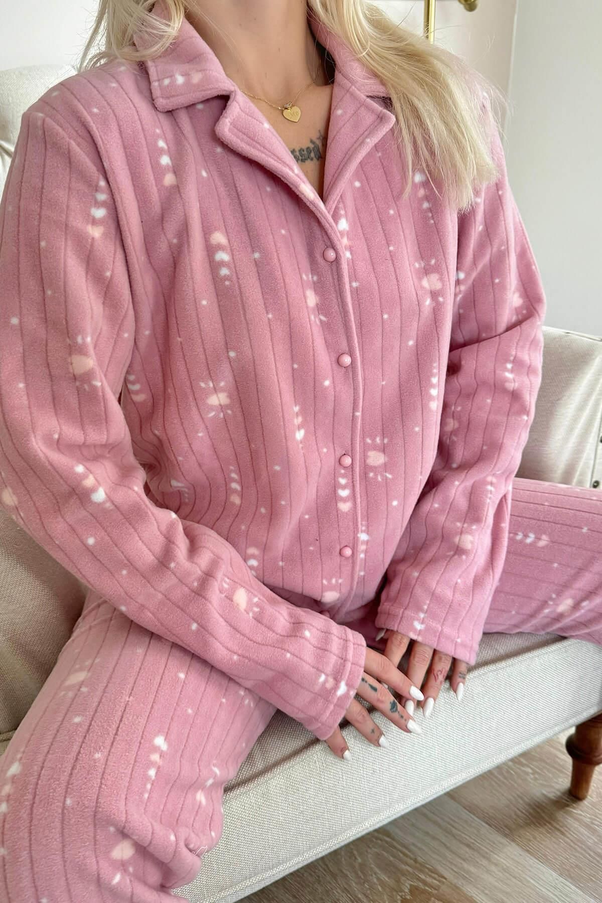 Pijamaevi-Powder Heart Patterned Front Buttoned Plush Fleece Pajama Set 5
