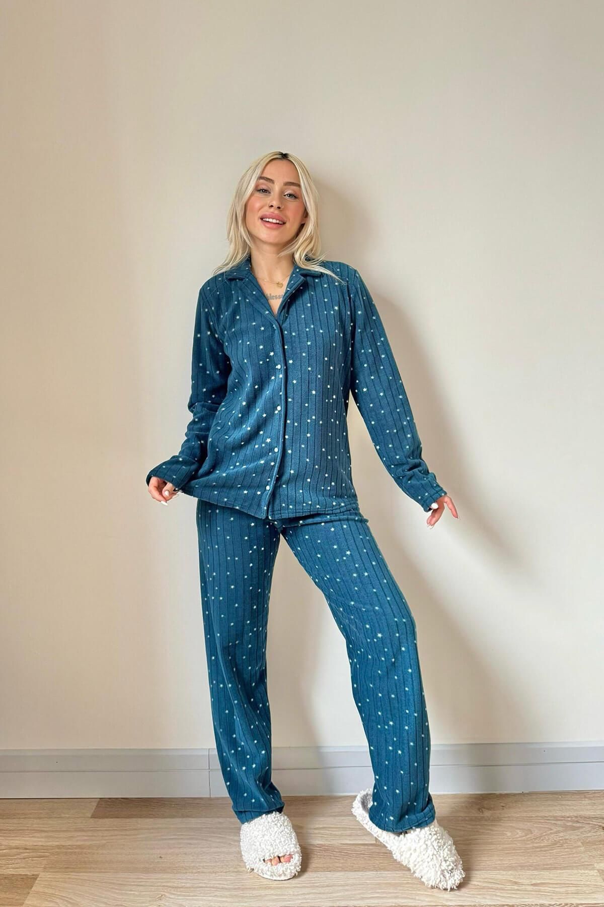 Pijamaevi-Petrol Lune Patterned Front Buttoned Plush Fleece Pajama Set 5