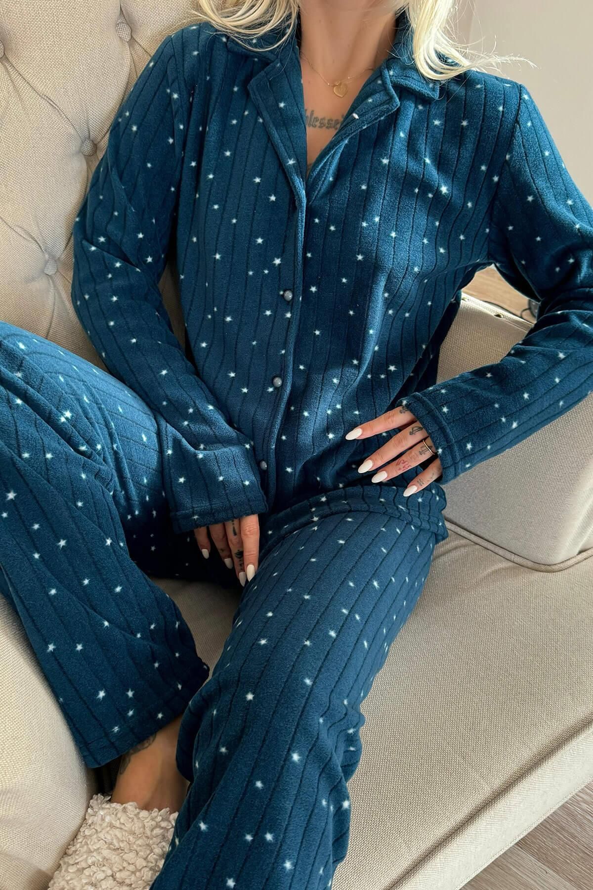 Pijamaevi-Petrol Lune Patterned Front Buttoned Plush Fleece Pajama Set 4
