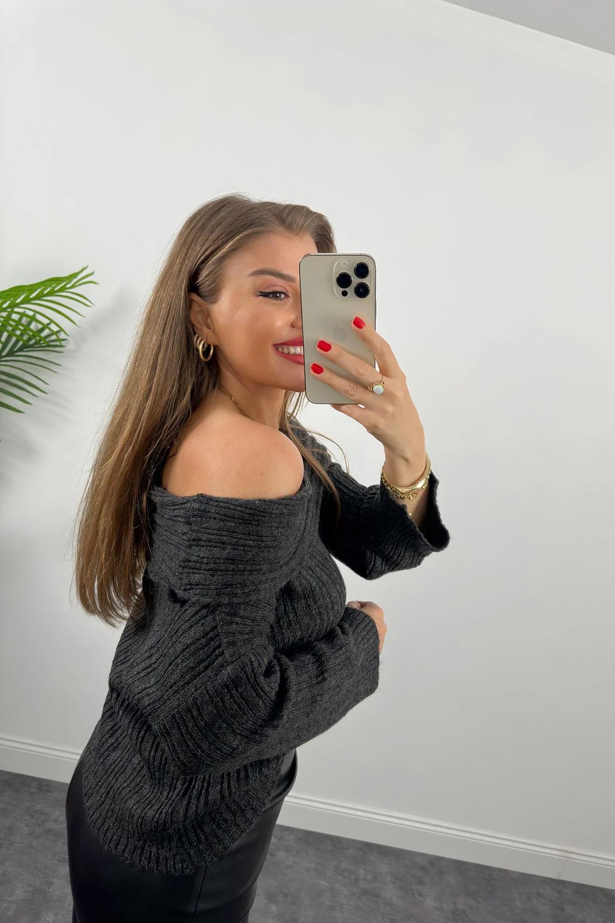 Didem Butik-Anthrazitfarbener Elite-Strickpullover mit Madonna-Kragen, weicher Pullover, vollgeformte Bluse 3