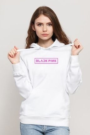 Blackpink Baskılı Beyaz Kadın Örme Kapşonlu Sweatshirt Uzun Kol BGA1205-KDNKP