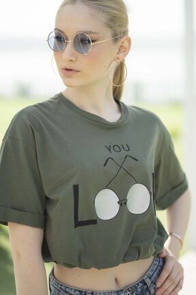 Kadın Pamuk Örme Baskılı Oversıze Crop T-shirt TES00112