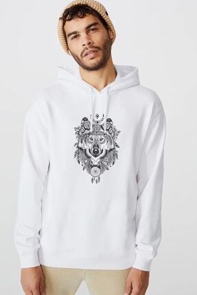 qivi wolf kurt sibirya kopek karakalem cizim baskili beyaz erkek orme kapsonlu sweatshirt uzun kol fiyati yorumlari trendyol