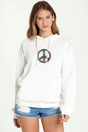 Peace Hippie Peace Symbols Baskılı Beyaz Kadın Örme Kapşonlu Sweatshirt Uzun Kol BGA2383-KDNKP