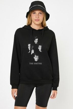 The Smiths Sound Baskılı Siyah Kadın Örme Kapşonlu Sweashirt Uzun Kol SFK2257-KDNKP