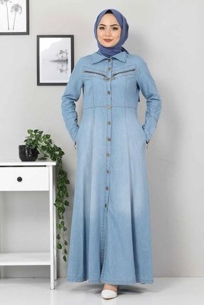 Kadın Mavi Açık Kot Önü Fermuar Detaylı Kot Elbise 8224