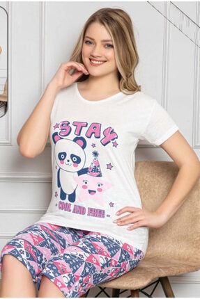 Kadın Beyaz Stay Panda Baskılı Kaprili Pijama Takımı USBEY-27