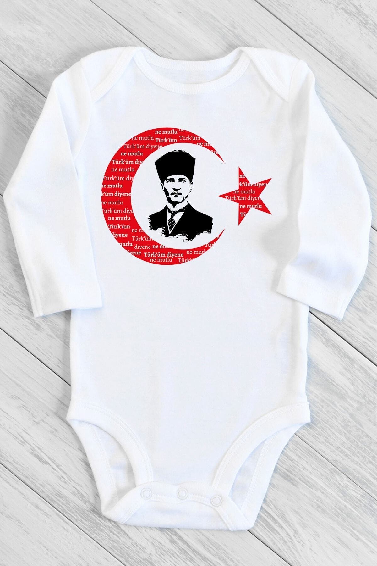 Limon Unisex Bebek Beyaz Atatürk Ne Mutlu Türküm Diyene Baskılı Çıtçıtlı Body