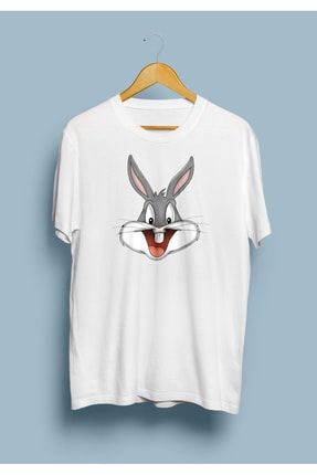 Unisex Beyaz Bugs Bunny Sevimli Tavşan Tasarım Baksılı Tshirt KRG0640