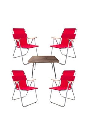45x60 Çam Katlanır Masa + 4 Adet Kırmızı Kamp Sandalyesi Katlanır Sandalye Piknik Plaj Sandalyesi NH06TS4