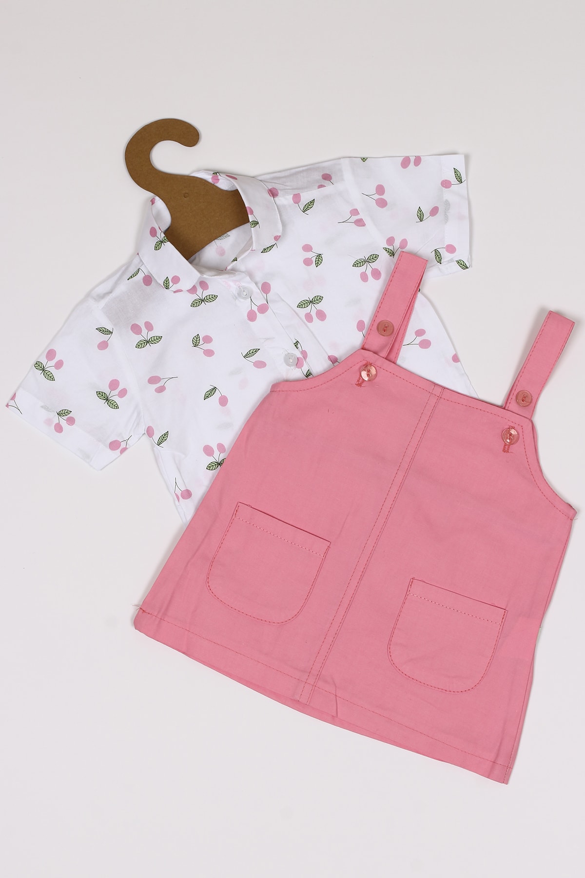 Melekpare Kız Bebek Jile Elbise Bahçıvan Yaka Kirazlı Gömlek 2 Li Takımı fotoğrafı 3 (önizleme)