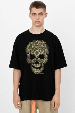Erkek Siyah Dövme Kurukafa Oversize Kısa Kollu T-shirt 1M1XM316AS